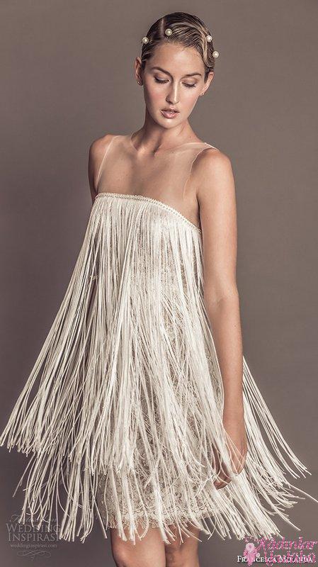 francesca-miranda-fall-2016-bridal-pretty-jewel-illusion-neckline-sleevess-fringed-shift-short-weddin