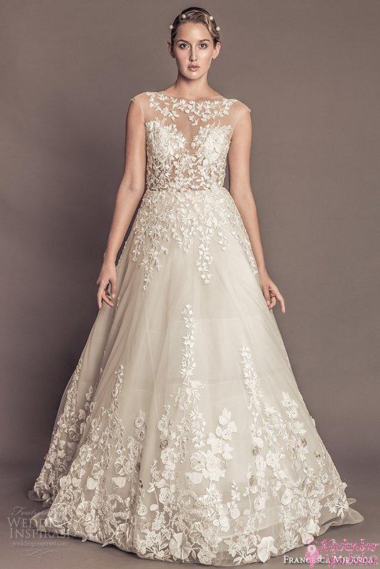 francesca-miranda-fall-2016-bridal-sleeveless-bateau-illusion-lace-neckline-flora-embroidered-beautif