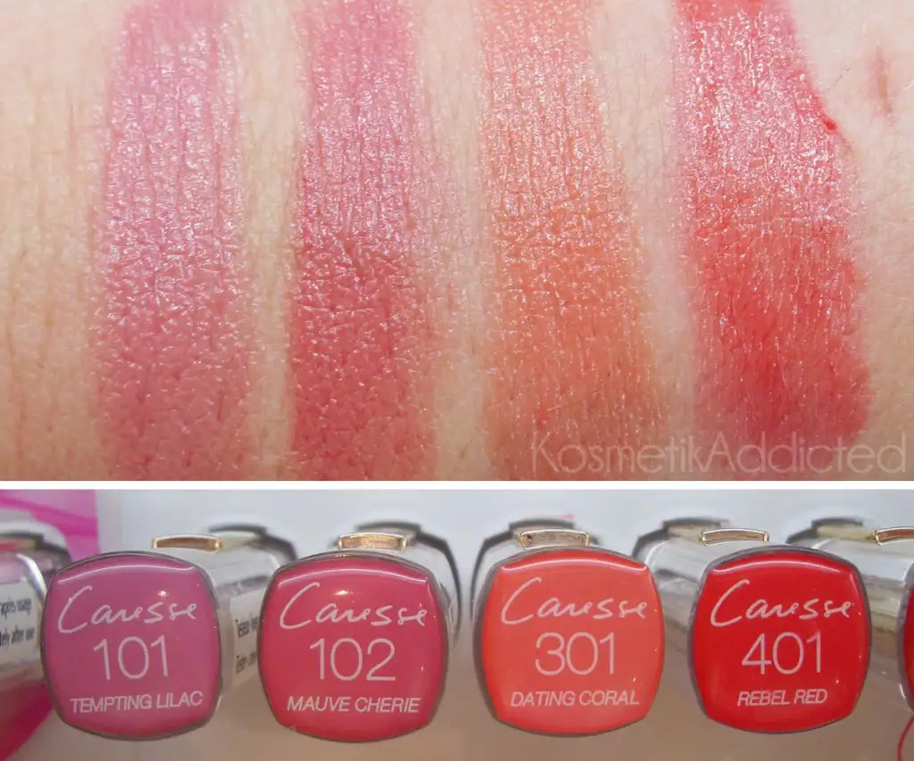 L'Oréal Caresse Lippenstifte 101 102 301 401 Swatches.webp