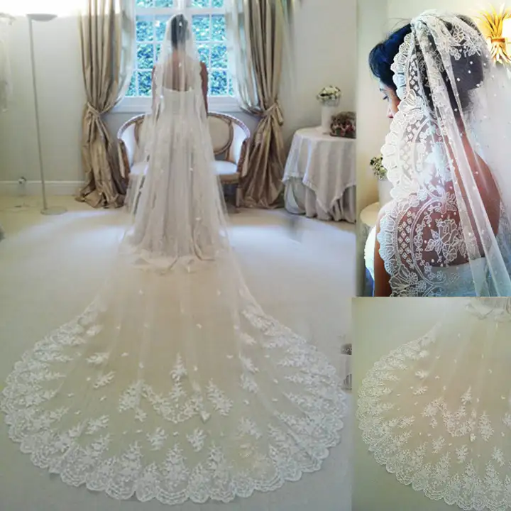 Velo-De-Novia-3-Meters-Long-cathedral-Wedding-Veils-Lace-Ivory-White-Two-layers-Tulle-Lace.webp
